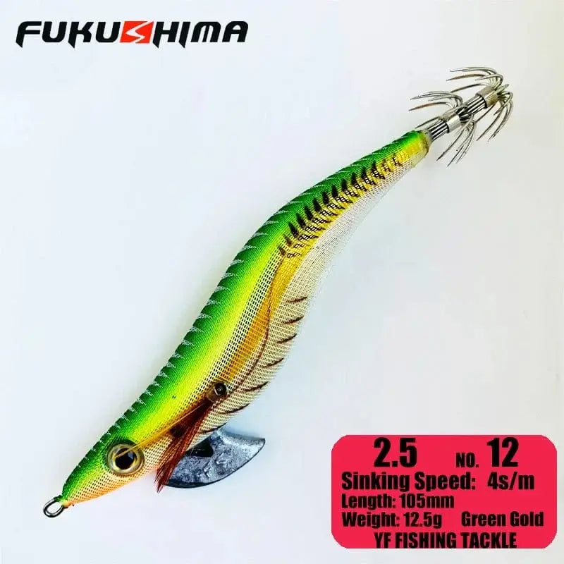 China China 2.5 12GreenGold FUKUSHIMA 2-3.5 SQUID JIGS EGI LURE FISHING WOOD SHRIMP BAIT CUTTLEFISH OCTOPS GLOW TAIL SHARP HOOKS 21GRAM ROCK & BOAT FISHING