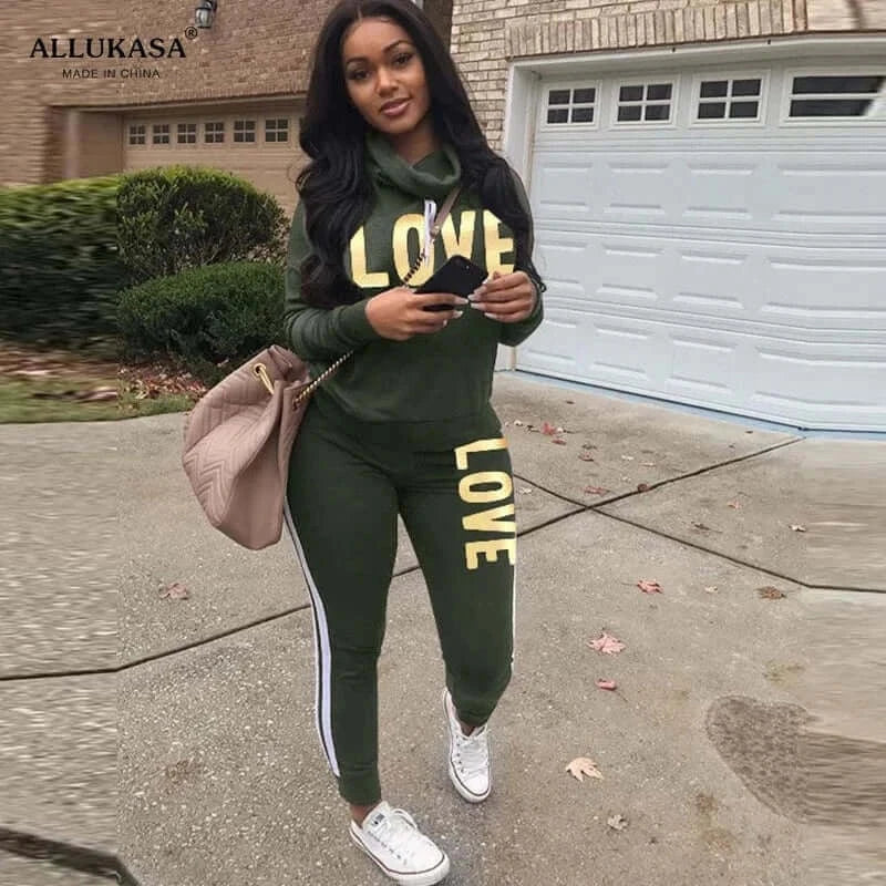 China China 2 Piece Set Women Outfit LOVE Letter Print High Neck Hoodies Sweatshirt Pants Tracksuit 2022 Plus Size Streetwear Casual Suit