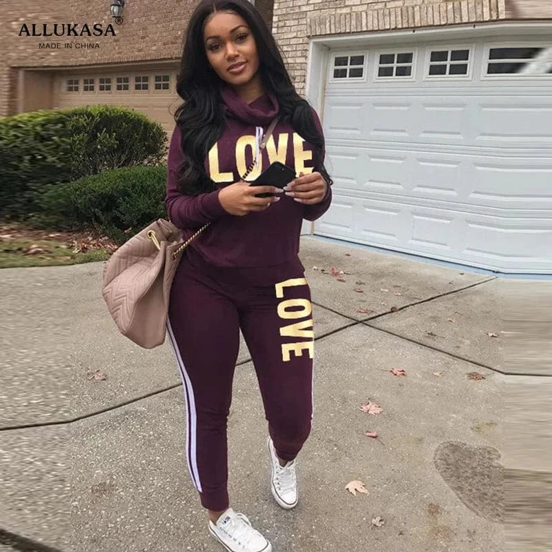 China China 2 Piece Set Women Outfit LOVE Letter Print High Neck Hoodies Sweatshirt Pants Tracksuit 2022 Plus Size Streetwear Casual Suit