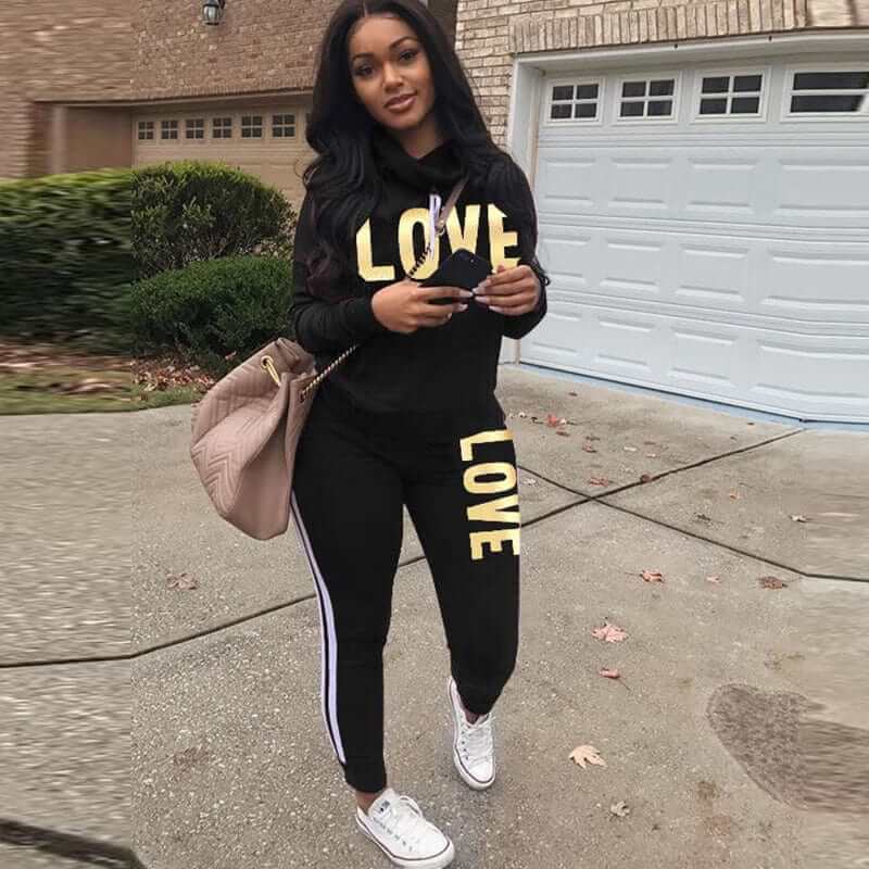China China 2 Piece Set Women Outfit LOVE Letter Print High Neck Hoodies Sweatshirt Pants Tracksuit 2022 Plus Size Streetwear Casual Suit