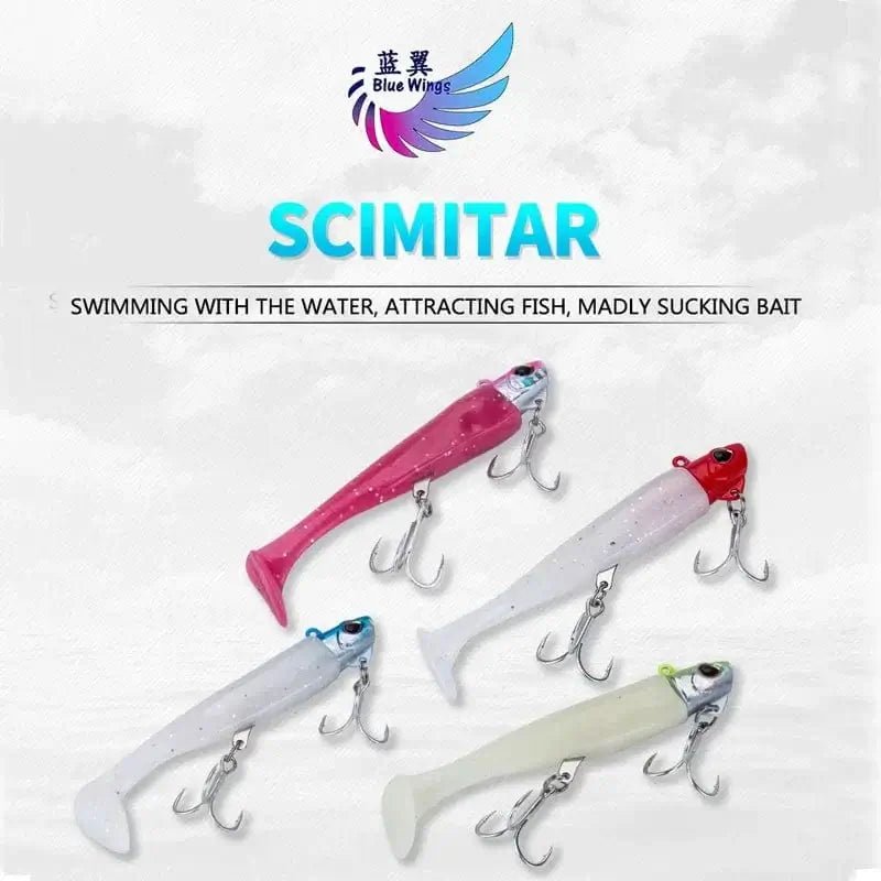 China China 2pcs Jig Head Soft Bait T Tail Artificial Metal Bait Fishing Jig Sharp Knife Machete Soft T Tail Fishing Lure for hairtail