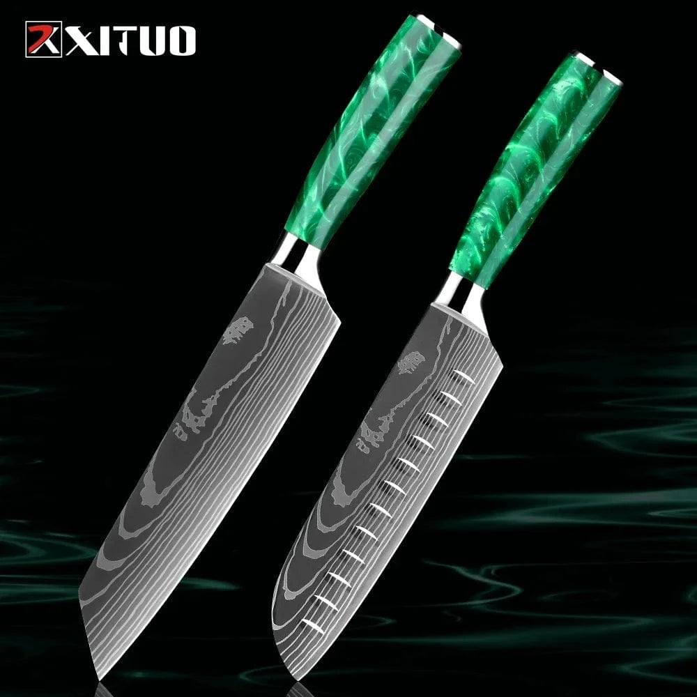 China China 2PCS Knife A Pro Chef Knife Set 1-8PCS,7Cr17Mov Steel Kitchen Cooking Knives Utility Knife Super sharp Blade Ergonomic Green Resin Handle