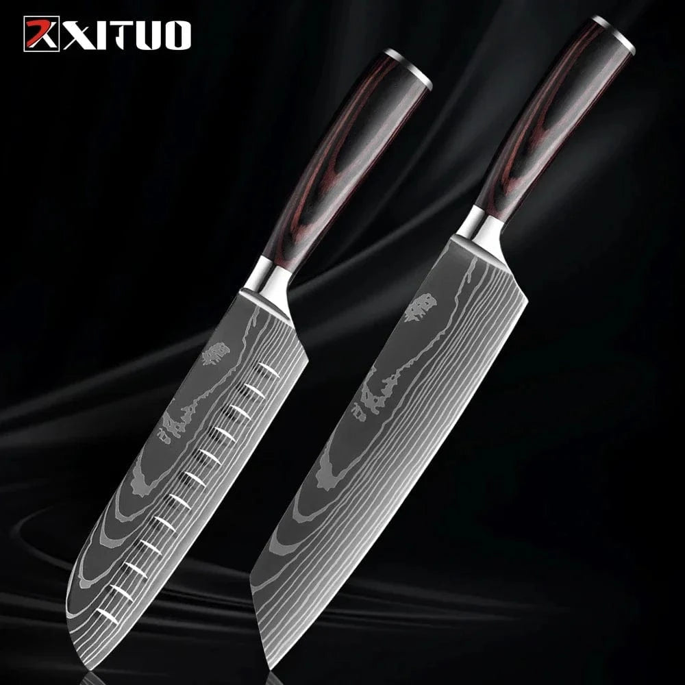 China China 2PCS Knife A Professional Kitchen Knife Set 1-9PCS, Sharp Chef Knife Santoku Knife Fruit knife 7Cr17Mov Stainless Steel Ergonomic Wood Handle