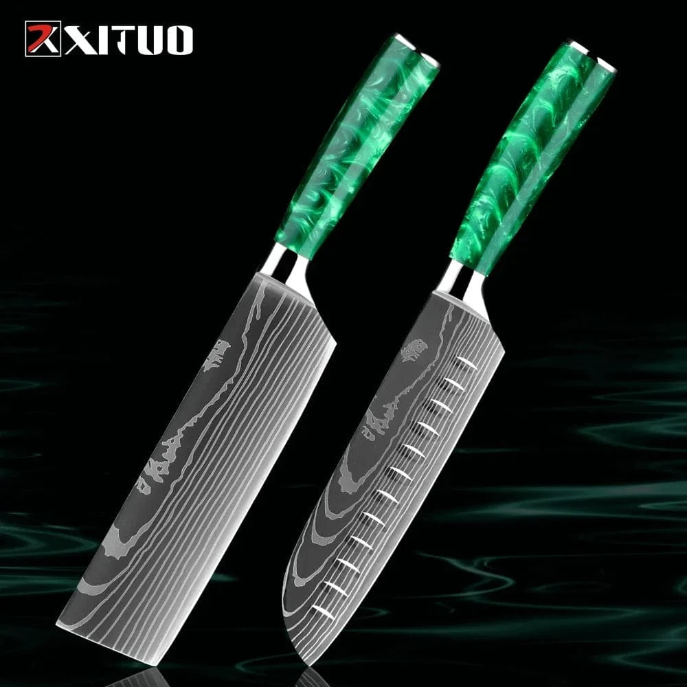 China China 2PCS Knife B Pro Chef Knife Set 1-8PCS,7Cr17Mov Steel Kitchen Cooking Knives Utility Knife Super sharp Blade Ergonomic Green Resin Handle