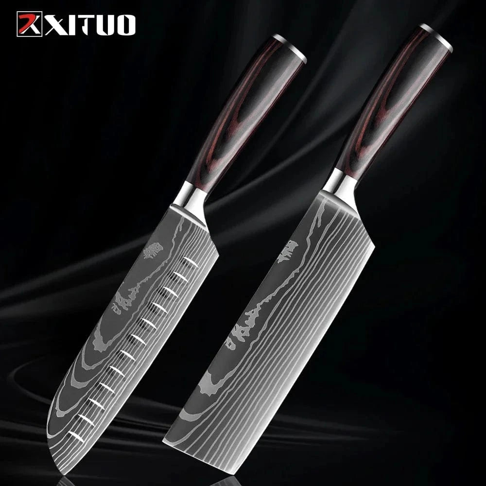 China China 2PCS Knife B Professional Kitchen Knife Set 1-9PCS, Sharp Chef Knife Santoku Knife Fruit knife 7Cr17Mov Stainless Steel Ergonomic Wood Handle