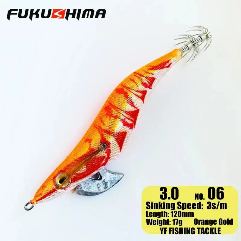 China China 3.0 06OrangeGold FUKUSHIMA 2-3.5 SQUID JIGS EGI LURE FISHING WOOD SHRIMP BAIT CUTTLEFISH OCTOPS GLOW TAIL SHARP HOOKS 21GRAM ROCK & BOAT FISHING