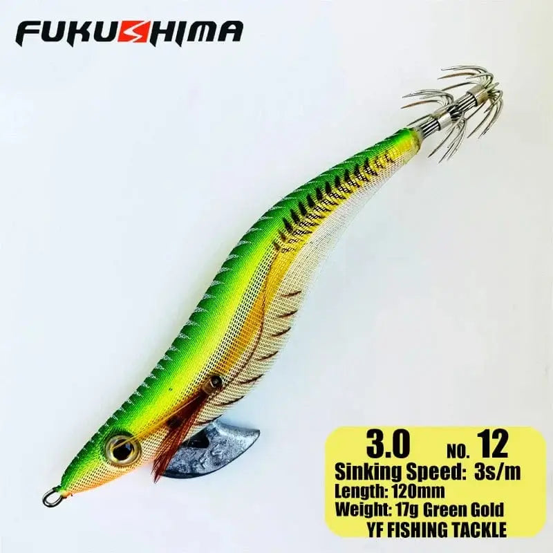 China China 3.0 12GreenGold FUKUSHIMA 2-3.5 SQUID JIGS EGI LURE FISHING WOOD SHRIMP BAIT CUTTLEFISH OCTOPS GLOW TAIL SHARP HOOKS 21GRAM ROCK & BOAT FISHING