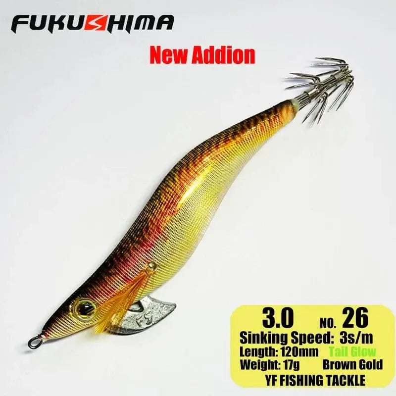 China China 3.0 26BrownGold FUKUSHIMA 2-3.5 SQUID JIGS EGI LURE FISHING WOOD SHRIMP BAIT CUTTLEFISH OCTOPS GLOW TAIL SHARP HOOKS 21GRAM ROCK & BOAT FISHING