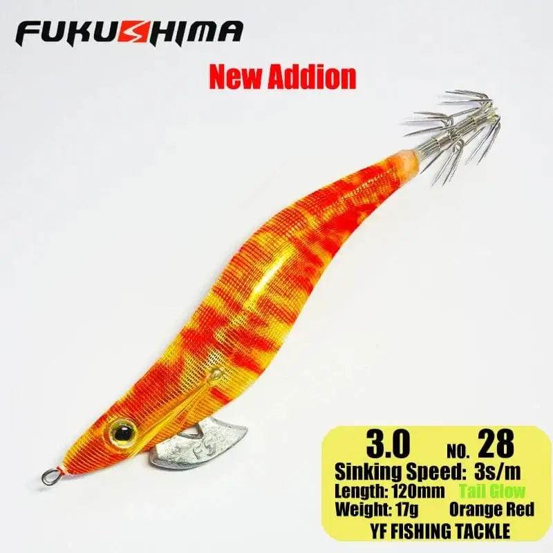 China China 3.0 28OrangeRed FUKUSHIMA 2-3.5 SQUID JIGS EGI LURE FISHING WOOD SHRIMP BAIT CUTTLEFISH OCTOPS GLOW TAIL SHARP HOOKS 21GRAM ROCK & BOAT FISHING