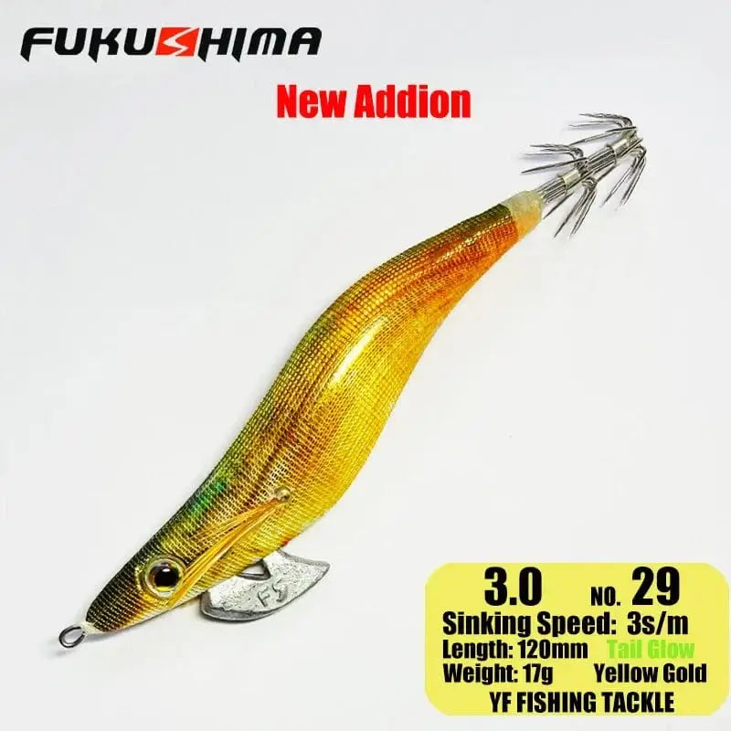 China China 3.0 29YellowGold FUKUSHIMA 2-3.5 SQUID JIGS EGI LURE FISHING WOOD SHRIMP BAIT CUTTLEFISH OCTOPS GLOW TAIL SHARP HOOKS 21GRAM ROCK & BOAT FISHING