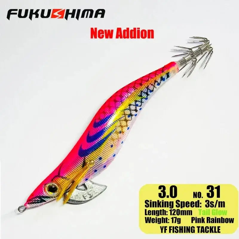 China China 3.0 31PinkRainbow FUKUSHIMA 2-3.5 SQUID JIGS EGI LURE FISHING WOOD SHRIMP BAIT CUTTLEFISH OCTOPS GLOW TAIL SHARP HOOKS 21GRAM ROCK & BOAT FISHING