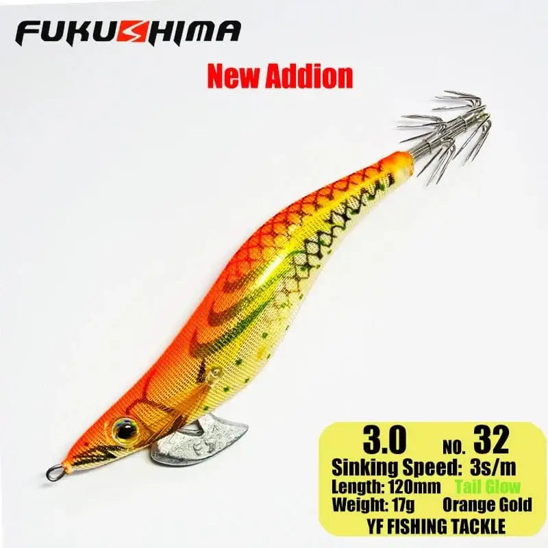China China 3.0 32OrangeGold FUKUSHIMA 2-3.5 SQUID JIGS EGI LURE FISHING WOOD SHRIMP BAIT CUTTLEFISH OCTOPS GLOW TAIL SHARP HOOKS 21GRAM ROCK & BOAT FISHING