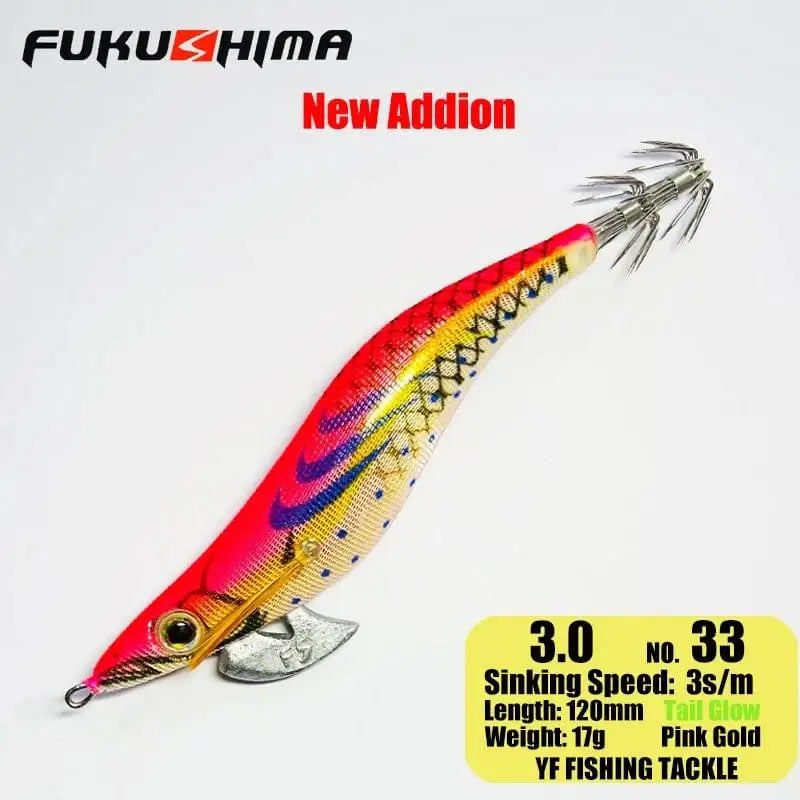China China 3.0 33PinkGold FUKUSHIMA 2-3.5 SQUID JIGS EGI LURE FISHING WOOD SHRIMP BAIT CUTTLEFISH OCTOPS GLOW TAIL SHARP HOOKS 21GRAM ROCK & BOAT FISHING