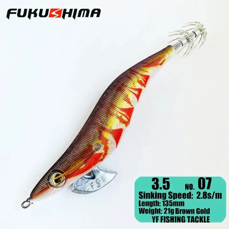 China China 3.5  07BrownGold FUKUSHIMA 2-3.5 SQUID JIGS EGI LURE FISHING WOOD SHRIMP BAIT CUTTLEFISH OCTOPS GLOW TAIL SHARP HOOKS 21GRAM ROCK & BOAT FISHING