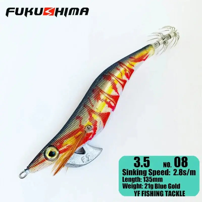 China China 3.5 08BlueGold FUKUSHIMA 2-3.5 SQUID JIGS EGI LURE FISHING WOOD SHRIMP BAIT CUTTLEFISH OCTOPS GLOW TAIL SHARP HOOKS 21GRAM ROCK & BOAT FISHING