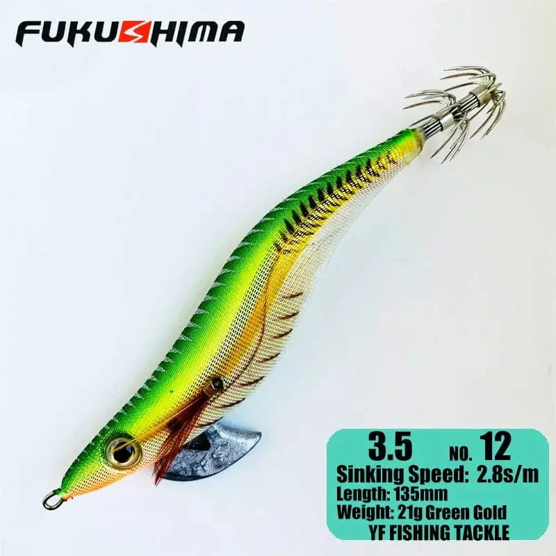 China China 3.5 12GreenGold FUKUSHIMA 2-3.5 SQUID JIGS EGI LURE FISHING WOOD SHRIMP BAIT CUTTLEFISH OCTOPS GLOW TAIL SHARP HOOKS 21GRAM ROCK & BOAT FISHING