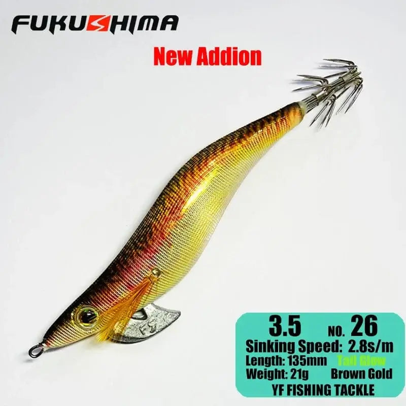 China China 3.5 26BrownGold FUKUSHIMA 2-3.5 SQUID JIGS EGI LURE FISHING WOOD SHRIMP BAIT CUTTLEFISH OCTOPS GLOW TAIL SHARP HOOKS 21GRAM ROCK & BOAT FISHING