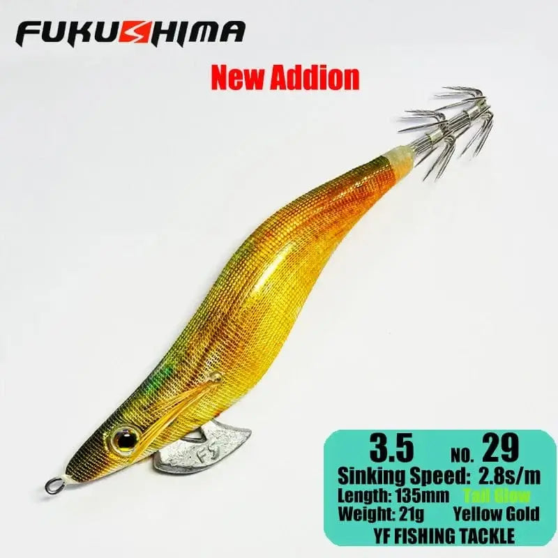 China China 3.5 29YellowGold FUKUSHIMA 2-3.5 SQUID JIGS EGI LURE FISHING WOOD SHRIMP BAIT CUTTLEFISH OCTOPS GLOW TAIL SHARP HOOKS 21GRAM ROCK & BOAT FISHING