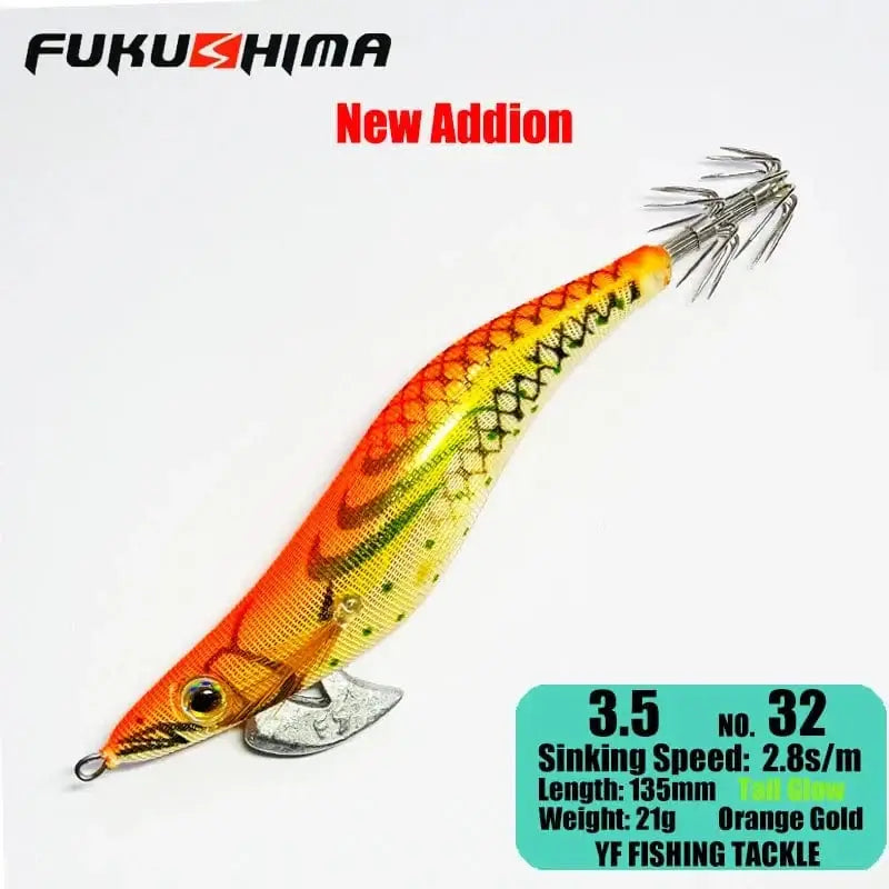 China China 3.5 32OrangeGold FUKUSHIMA 2-3.5 SQUID JIGS EGI LURE FISHING WOOD SHRIMP BAIT CUTTLEFISH OCTOPS GLOW TAIL SHARP HOOKS 21GRAM ROCK & BOAT FISHING