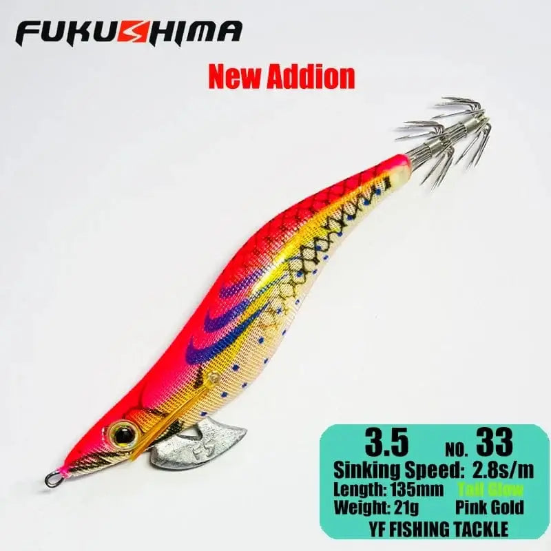 China China 3.5 33PinkGold FUKUSHIMA 2-3.5 SQUID JIGS EGI LURE FISHING WOOD SHRIMP BAIT CUTTLEFISH OCTOPS GLOW TAIL SHARP HOOKS 21GRAM ROCK & BOAT FISHING