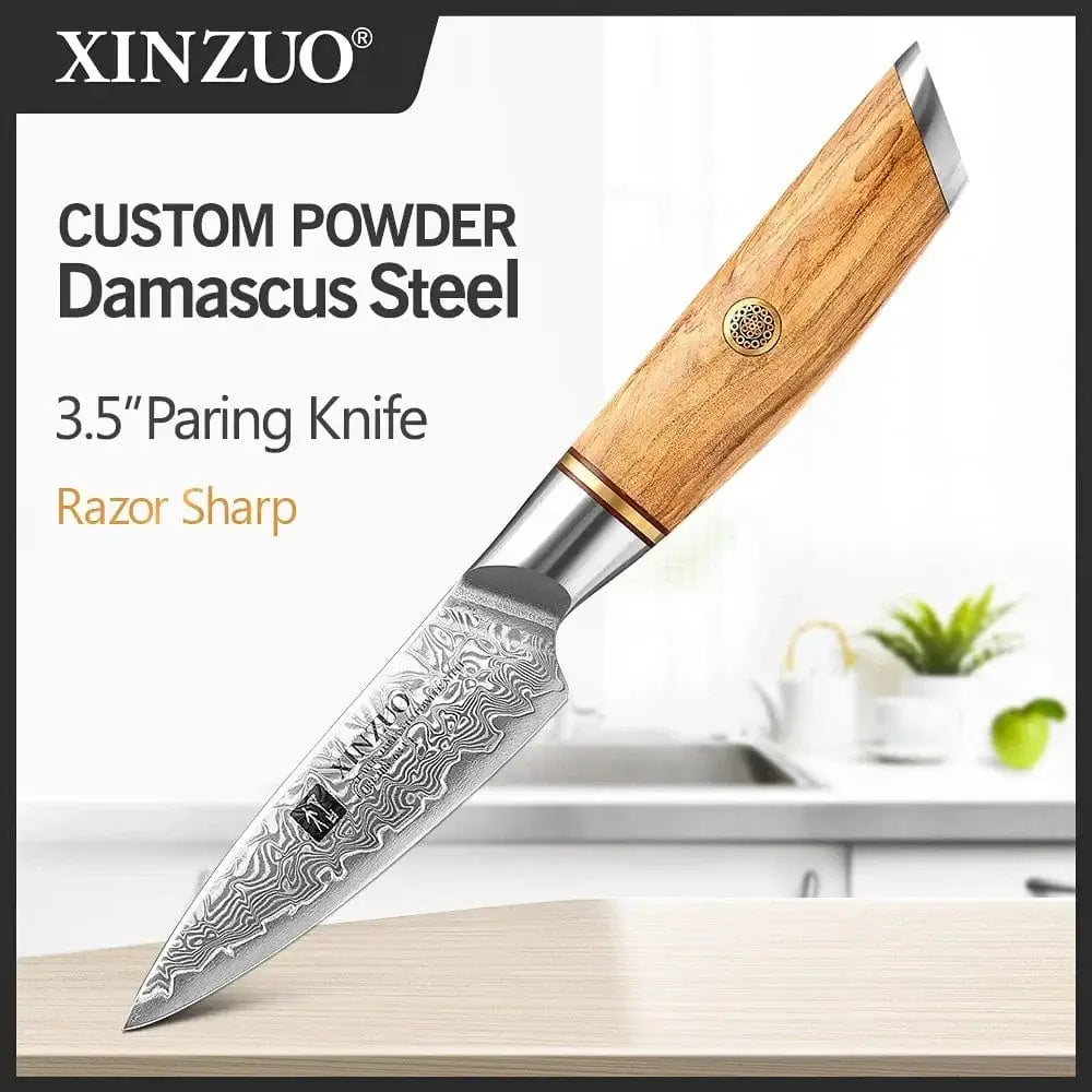 China China 3.5 in paring knife XINZUO 1-8pcs Kitchen Knife Set 73 Layers Custom Damascus Steel 15°±1 Per Side Steel Blade with Olive Wood Handle