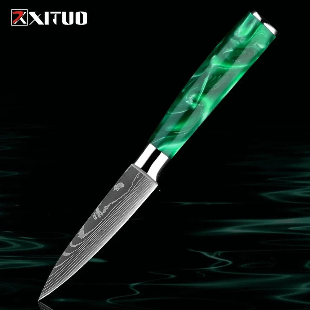China China 3.5 Inch Fruit Knife Pro Chef Knife Set 1-8PCS,7Cr17Mov Steel Kitchen Cooking Knives Utility Knife Super sharp Blade Ergonomic Green Resin Handle