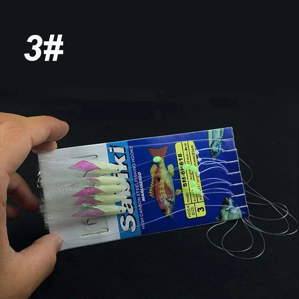 China China 3 5Pcs Fishing Sabiki Samodur Rigs Baits Luminous Japan Luminous Japan Glow Bead Feather Fish Skin String Hooks Saltwater