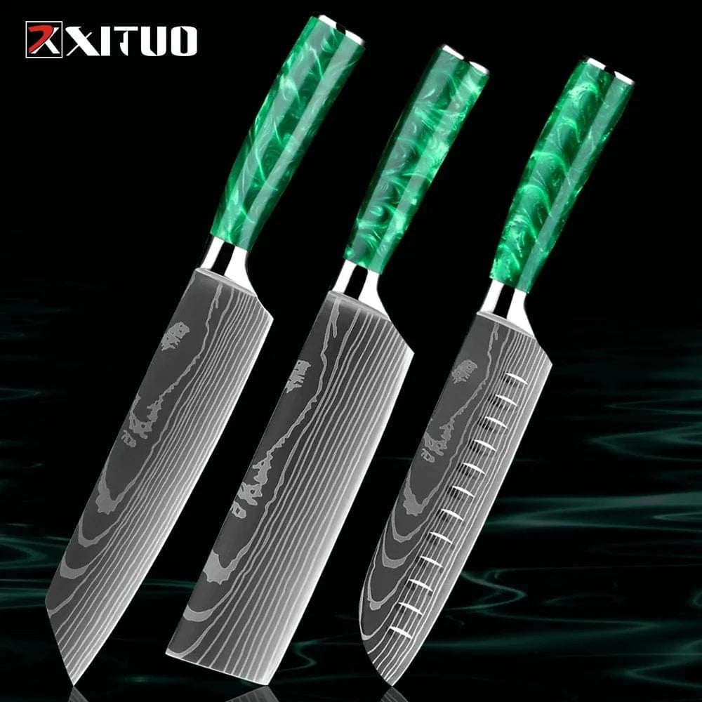 China China 3PCS Knife A Pro Chef Knife Set 1-8PCS,7Cr17Mov Steel Kitchen Cooking Knives Utility Knife Super sharp Blade Ergonomic Green Resin Handle