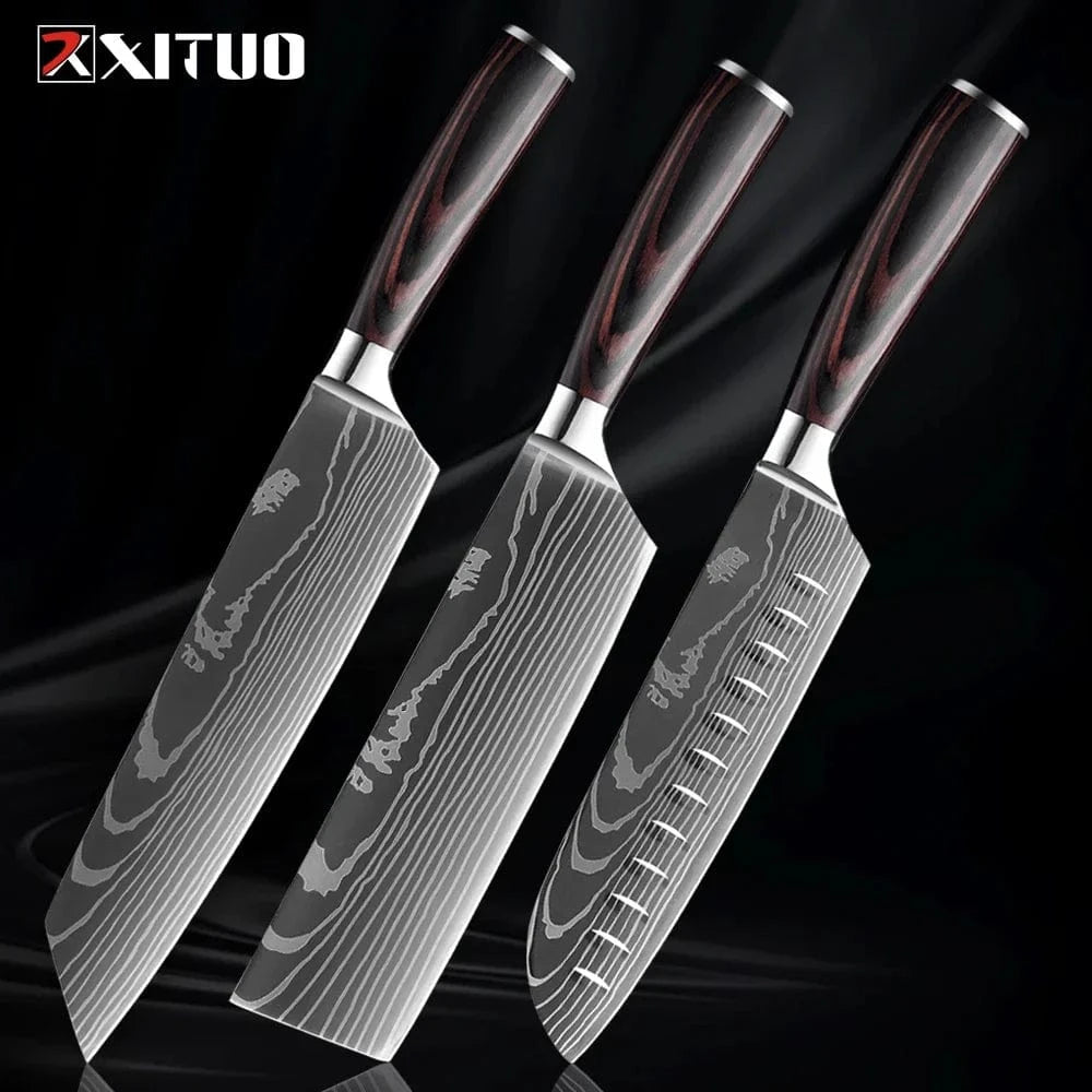 China China 3PCS Knife A Professional Kitchen Knife Set 1-9PCS, Sharp Chef Knife Santoku Knife Fruit knife 7Cr17Mov Stainless Steel Ergonomic Wood Handle