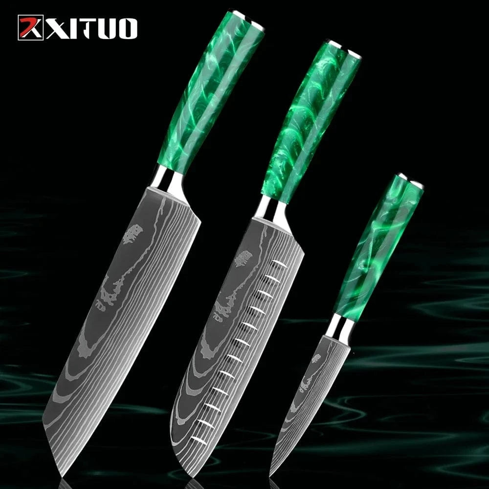 China China 3PCS Knife B Pro Chef Knife Set 1-8PCS,7Cr17Mov Steel Kitchen Cooking Knives Utility Knife Super sharp Blade Ergonomic Green Resin Handle