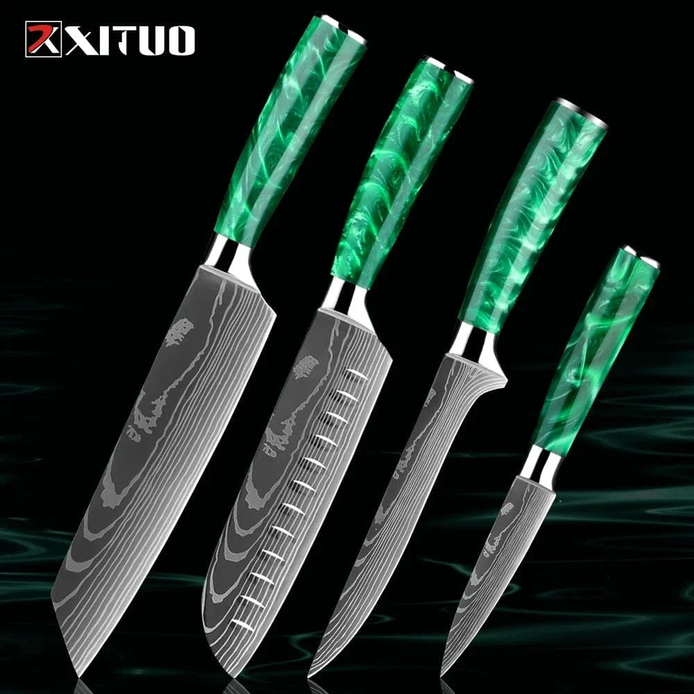 China China 4PCS Knife A Pro Chef Knife Set 1-8PCS,7Cr17Mov Steel Kitchen Cooking Knives Utility Knife Super sharp Blade Ergonomic Green Resin Handle
