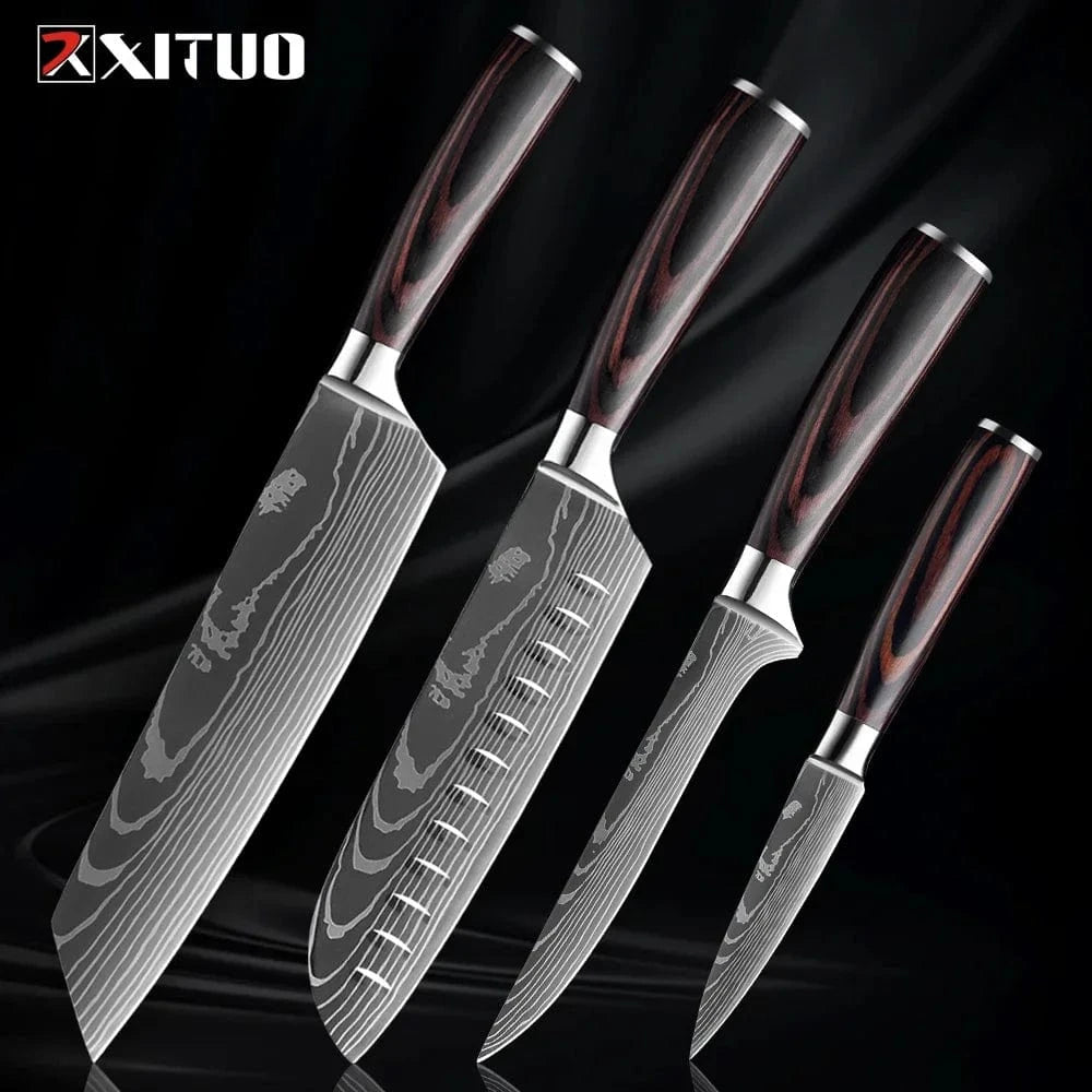 China China 4PCS Knife A Professional Kitchen Knife Set 1-9PCS, Sharp Chef Knife Santoku Knife Fruit knife 7Cr17Mov Stainless Steel Ergonomic Wood Handle