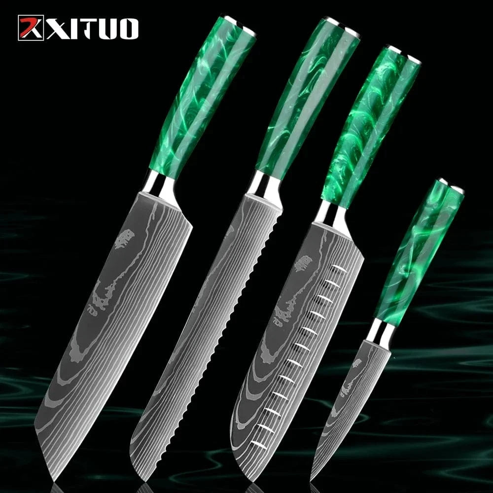 China China 4PCS Knife B Pro Chef Knife Set 1-8PCS,7Cr17Mov Steel Kitchen Cooking Knives Utility Knife Super sharp Blade Ergonomic Green Resin Handle