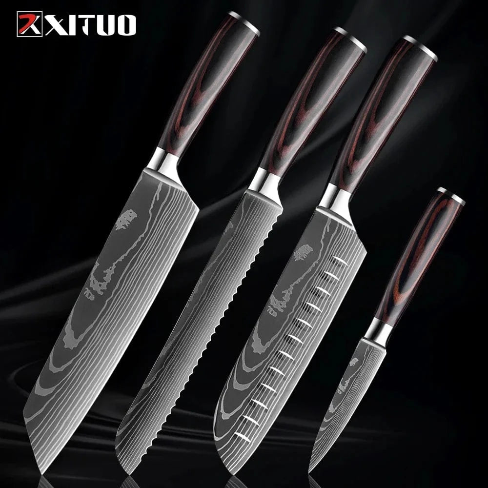 China China 4PCS Knife B Professional Kitchen Knife Set 1-9PCS, Sharp Chef Knife Santoku Knife Fruit knife 7Cr17Mov Stainless Steel Ergonomic Wood Handle