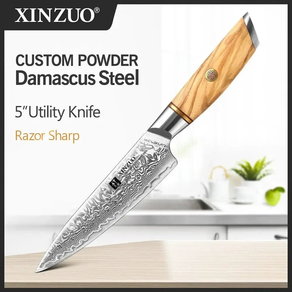 China China 5 in utility knife XINZUO 1-8pcs Kitchen Knife Set 73 Layers Custom Damascus Steel 15°±1 Per Side Steel Blade with Olive Wood Handle