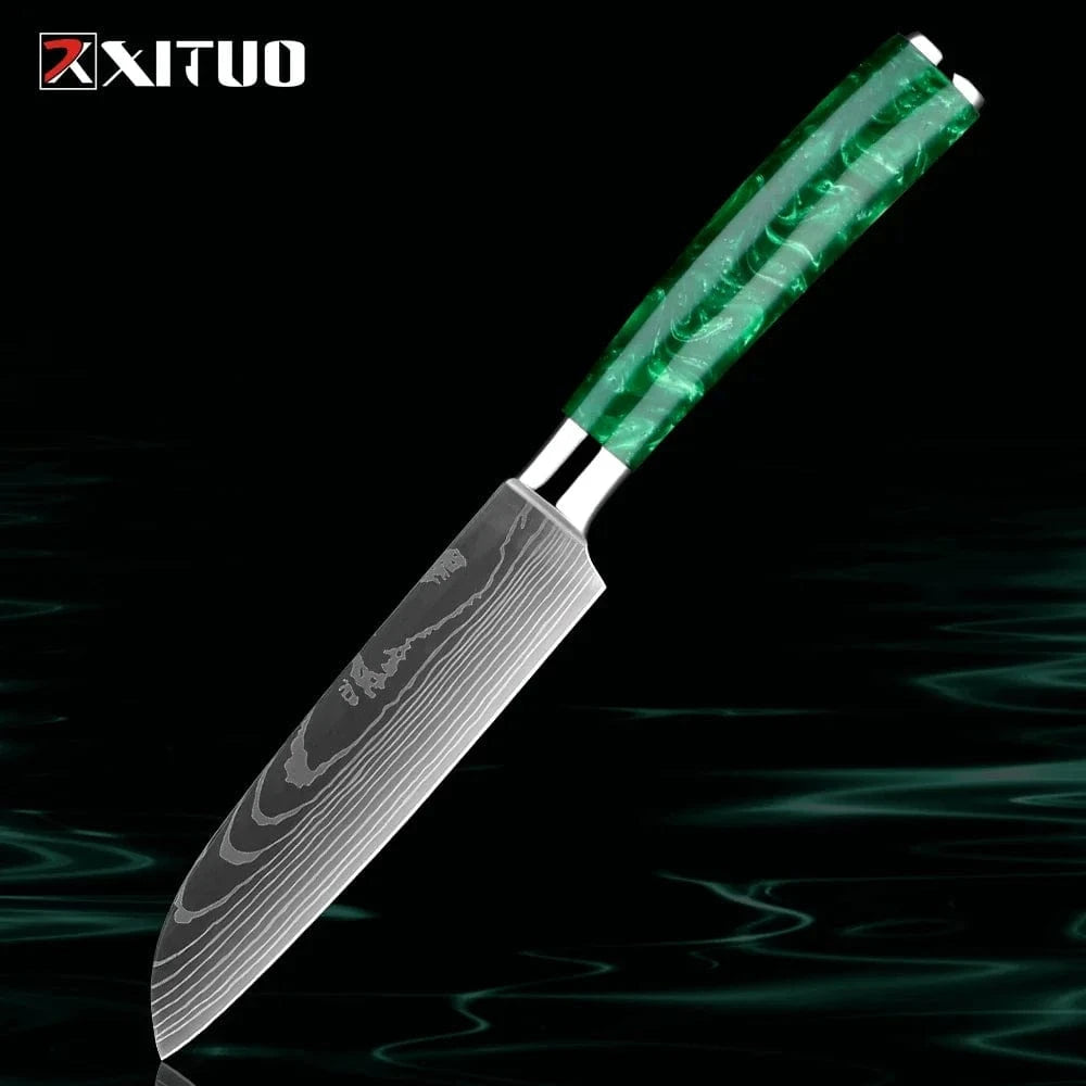 China China 5 inch Santoku Knife Pro Chef Knife Set 1-8PCS,7Cr17Mov Steel Kitchen Cooking Knives Utility Knife Super sharp Blade Ergonomic Green Resin Handle