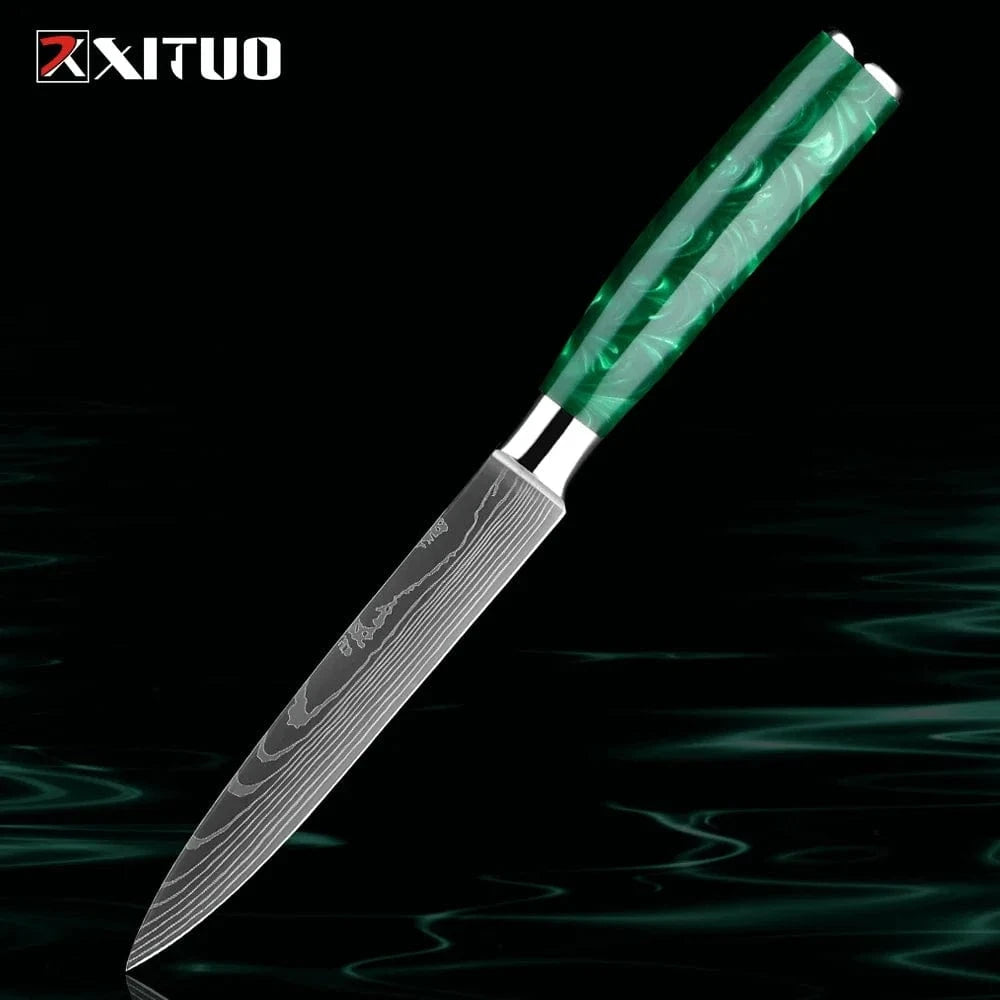 China China 5 inch Utility Knife Pro Chef Knife Set 1-8PCS,7Cr17Mov Steel Kitchen Cooking Knives Utility Knife Super sharp Blade Ergonomic Green Resin Handle