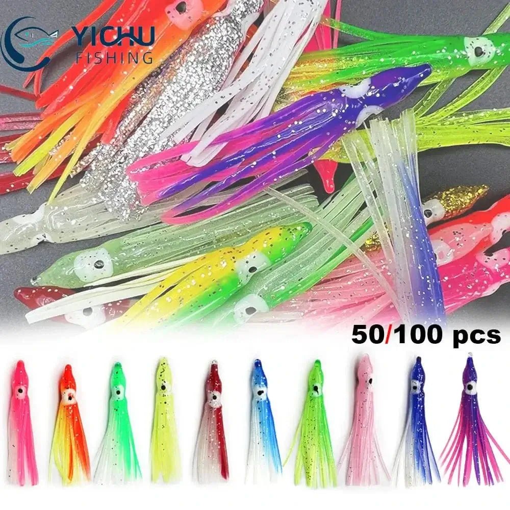 China China 50/100PCS 5-12cm Mixed Color Squid Fishing Lure Luminous Squid Skirt Soft Bait for Sea Bass Salmon Trou ﻿