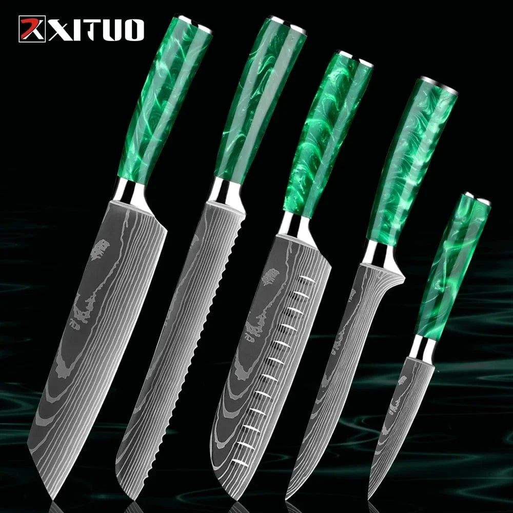 China China 5PCS Knife Pro Chef Knife Set 1-8PCS,7Cr17Mov Steel Kitchen Cooking Knives Utility Knife Super sharp Blade Ergonomic Green Resin Handle