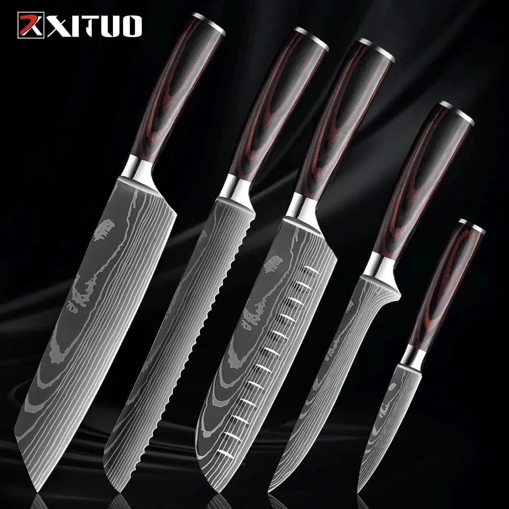 China China 5PCS Knife Professional Kitchen Knife Set 1-9PCS, Sharp Chef Knife Santoku Knife Fruit knife 7Cr17Mov Stainless Steel Ergonomic Wood Handle