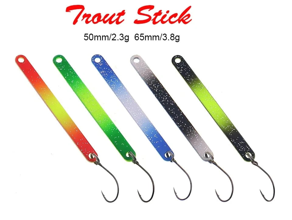 China China 5PCS PescaTrout Stick Ice Fishing Spoon 2.3g 3.8g Colorful Spoon Bait Copper Metal Fishing Lure For Trout Pike Perch