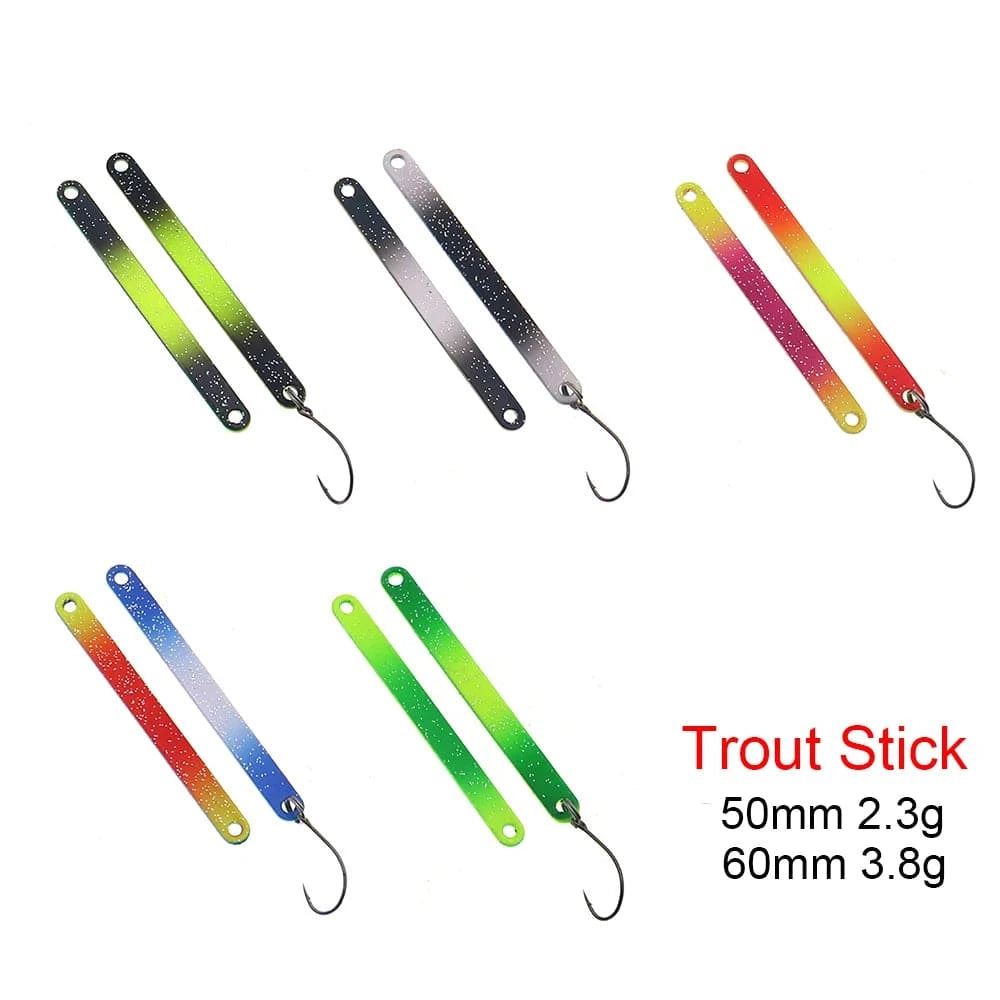 China China 5PCS PescaTrout Stick Ice Fishing Spoon 2.3g 3.8g Colorful Spoon Bait Copper Metal Fishing Lure For Trout Pike Perch