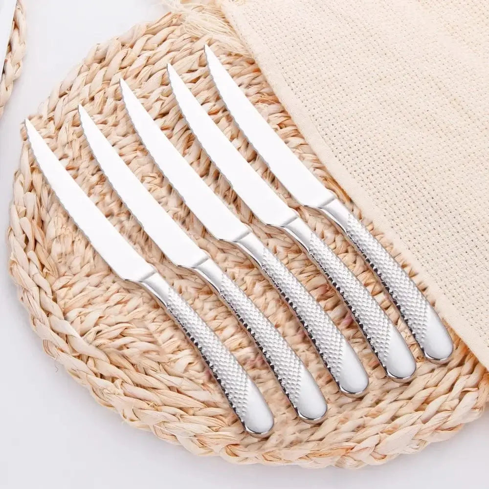 China China 5pcs-Silver 9" Ultra-Sharp 2 in 1 Glossy Steak Knife Dinner Knife Set With Gold Plated Hammered Handle Table Knife Cutlery Dishwasher Safe