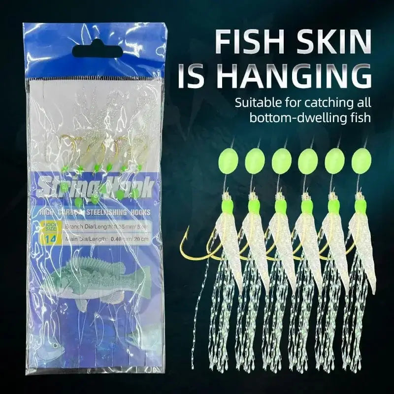 China China 6 Hooks Luminous Sabiki Rigs Saltwater Real Fish Skin String Hook Mackerel Feathers Fishing Lures Set Fishing Bait