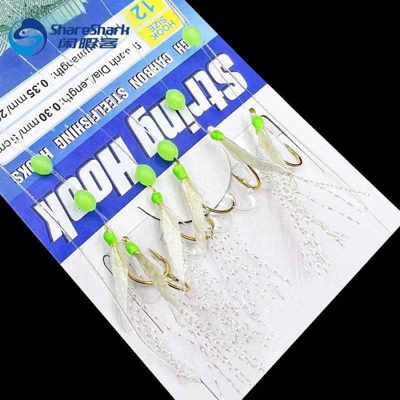 China China 6 Hooks Luminous Sabiki Rigs Saltwater Real Fish Skin String Hook Mackerel Feathers Fishing Lures Set Fishing Bait