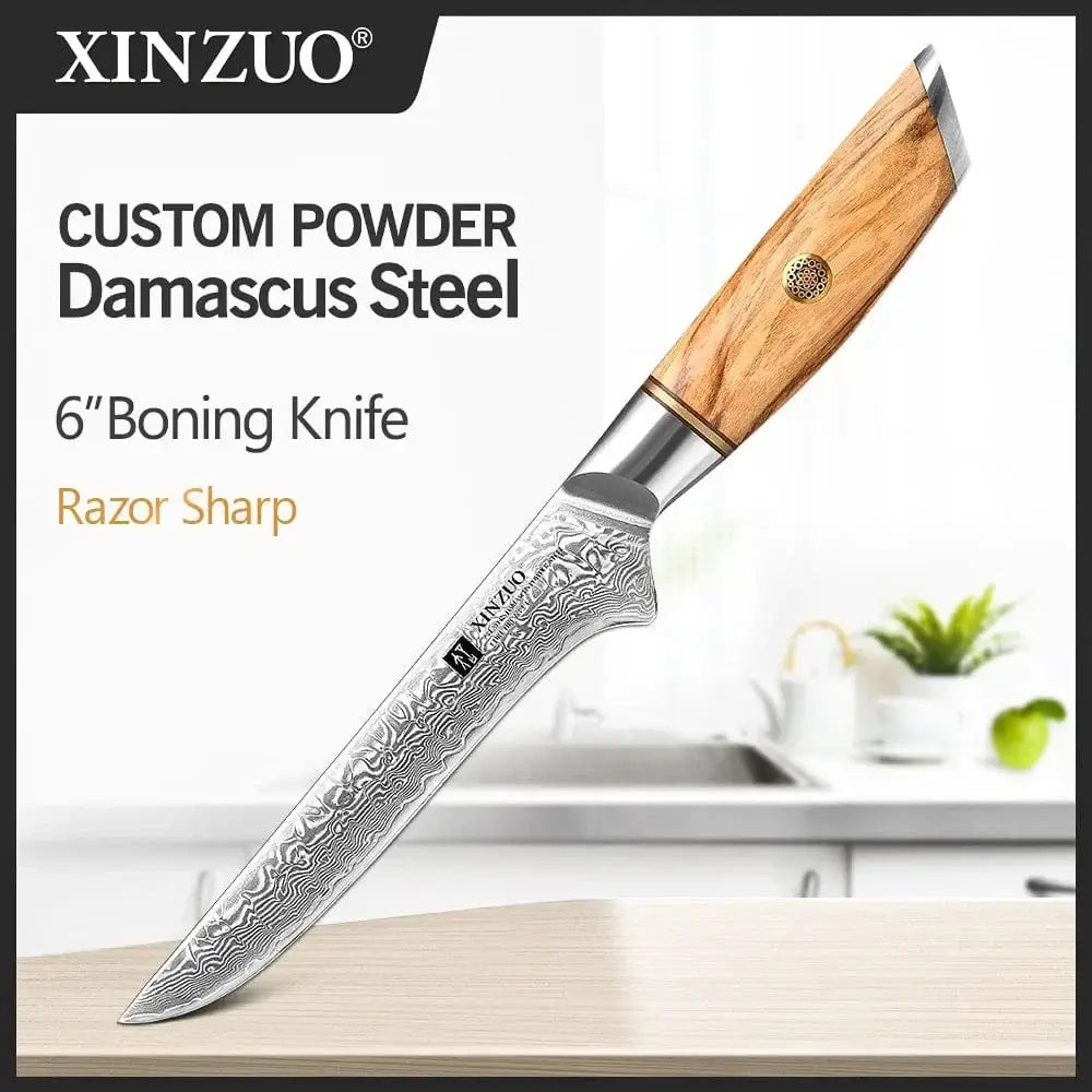 China China 6 in boning knife XINZUO 1-8pcs Kitchen Knife Set 73 Layers Custom Damascus Steel 15°±1 Per Side Steel Blade with Olive Wood Handle