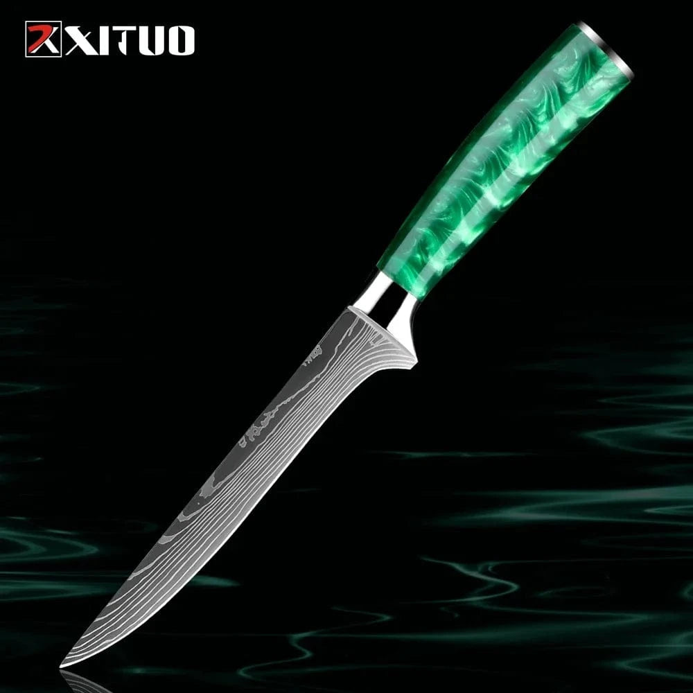 China China 6 inch Boning Knife Pro Chef Knife Set 1-8PCS,7Cr17Mov Steel Kitchen Cooking Knives Utility Knife Super sharp Blade Ergonomic Green Resin Handle