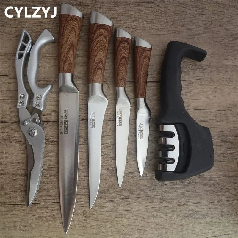 China China 6 Pcs01 Kitchen Knives Set chef knives sets Stainless Steel Kitchen Knives Scissors Sharpener Chef Slicer Paring Bread Utility Knife