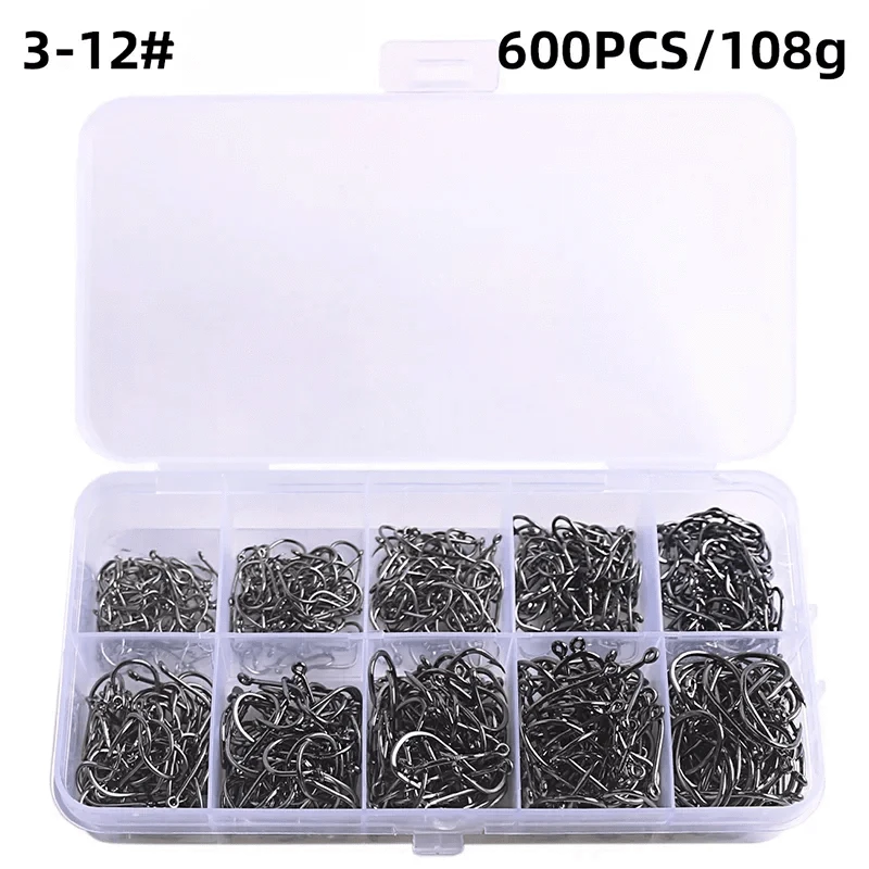 China China 600PCS Carbon Steel Fishing Hooks 50-1600Pcs/Box Strong Sharp Silver Circle Fishhook 3#-12# Jig Barbed Pesca Portable Lure Bait Tackle