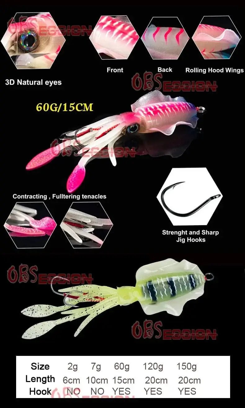 China China 60g120g150g Silicone Soft Artificial Rubber Luminous UV Squid Jig Fishing Lures For Sea Fishing Trolling Wobbler Bait